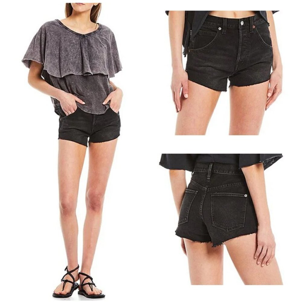 Free People Taliesin High Rise Cut Off Washed Black Raw Hem Shorts 25
